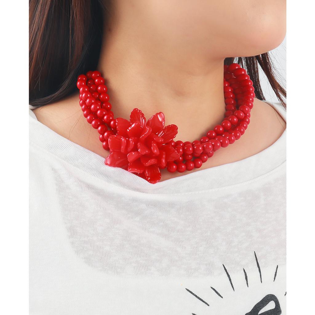 Women's Exaggerated European American Multi-Layer Bead Red Large Flower Necklace Simple Niche Design Jewelry Accessory