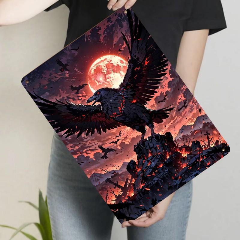 Gothic Raven Metal Wall Art with Blood Moon Ruins Background Decorative Iron Painting 20x30cm（7.8x11.8inch）