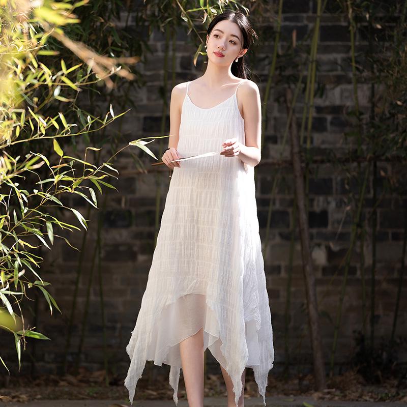 Handmade Plant-Dyed Crinkled Jacquard Irregular Maxi Dress for Women - Fairy-like, Slimming Camisole, Perfect for Summer Travel Photography