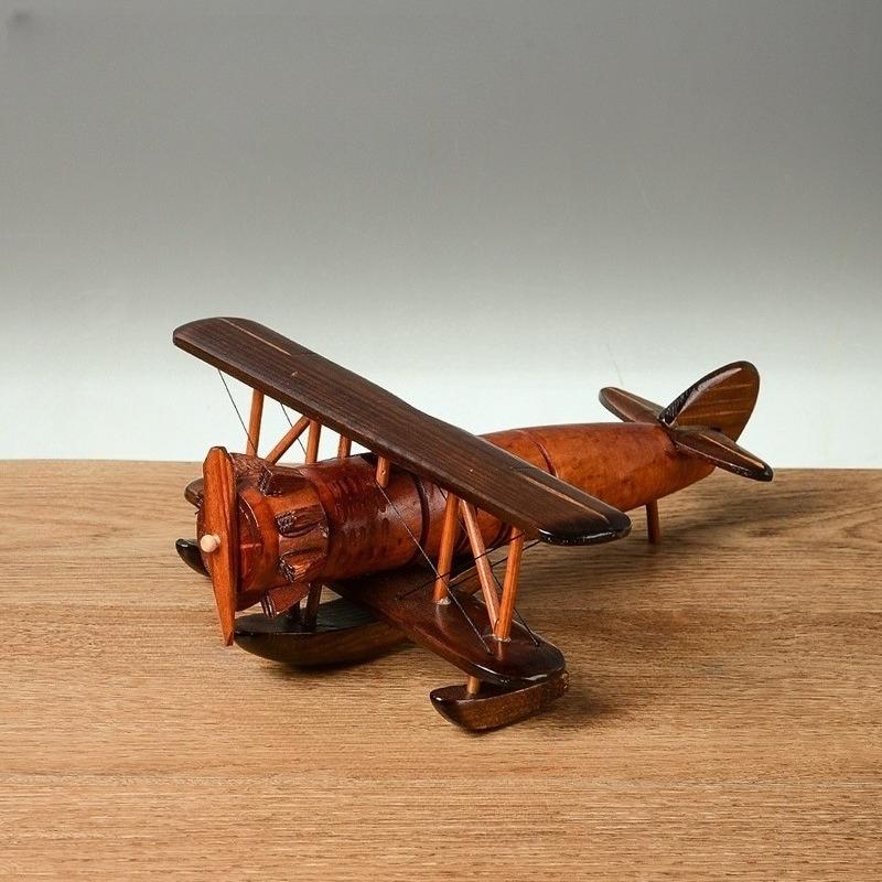 Wood Airplane Figurine Retro 3D Biplane Sculpt Creative Airplane Model Crafts Desktop Ornament Gift Home Decorations Accessories