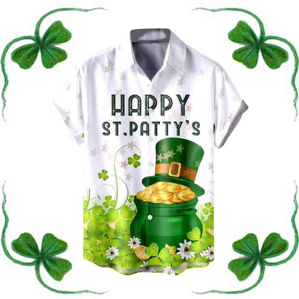 Saint Patrick Mens Shirt Festive Green Shamrock Print Lapel Short Sleeved Shirt Vintage Solid Shirts Cardigan Men's Blouses