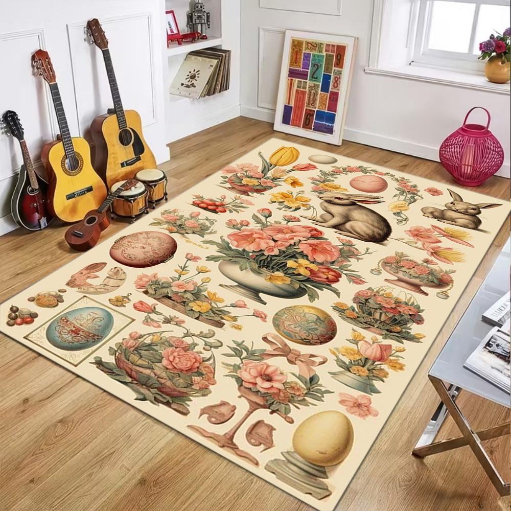 Vintage Farm Rabbit Easter Egg Basket Pattern Carpet Pastoral Festival Decor Non-Slip Soft Mat for Living Room Bedroom