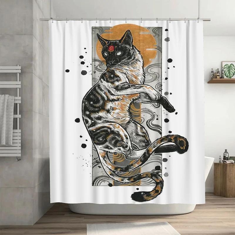 

Black Cat Shower Curtain With White Background Orange Sun Design Home Decor Bathroom Decorations For Kids Bathrooms Unbleached W W60H190(CM)-1 Pcs
