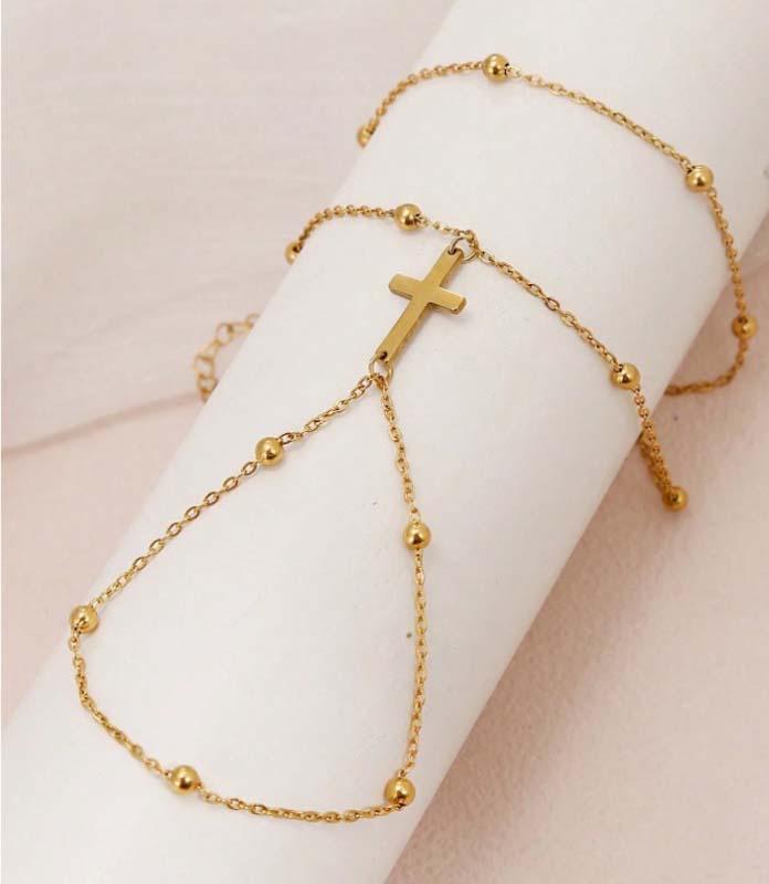 Fashion Metal Double Layer Cross Connected Finger Ring Bracelet for Women Simple Gold Color Bead Link Chain Hand Bangles Zircon