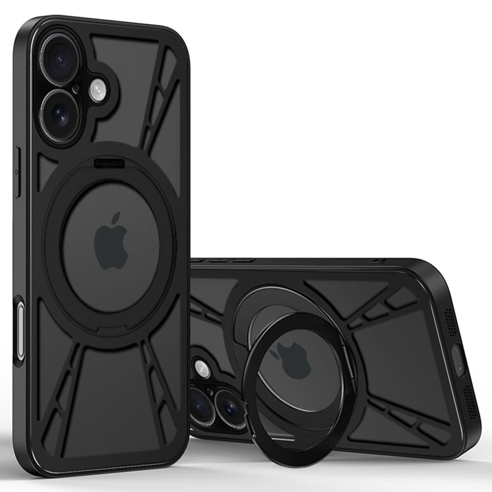 

For iPhone 16 Case Magnetic Kickstand Hollow Heat Dissipation Silicone+PC+Metal Bumper Phone Cover Black
