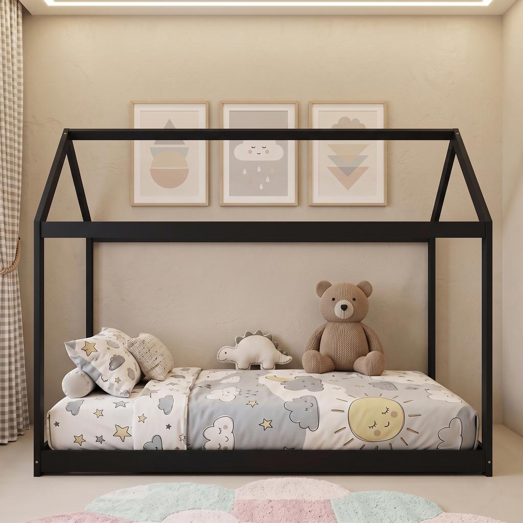 Single Bed Frame, House-Scandinavian-Style Wooden Bed Frame for 90W x 190D cm Mattress, Black