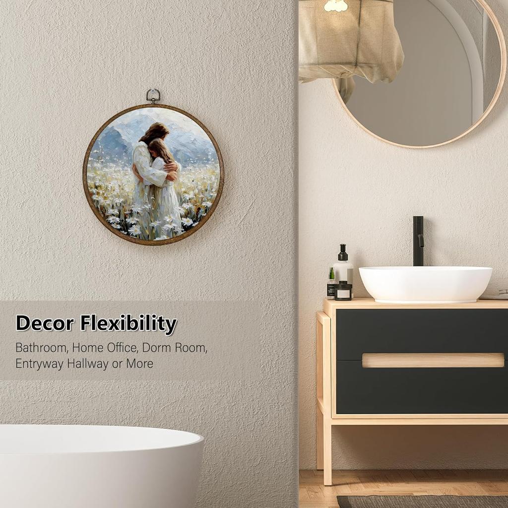 Qskjre Jesus Hugging Girl Wall Art Decor, Christian Jesus and Woman Round Wood Framed Canvas Picture Wall Artwork for Living Room, Healing Embrace