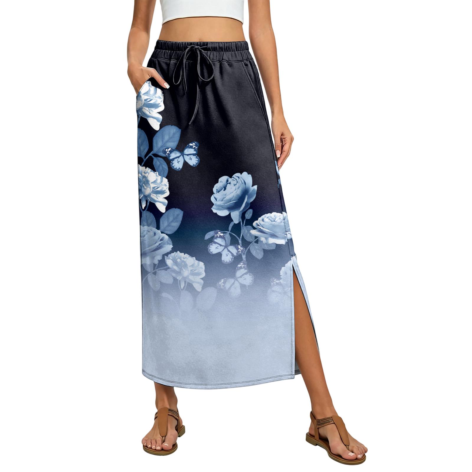 Ladies  floral elastic waist drawstring pocket skirt L