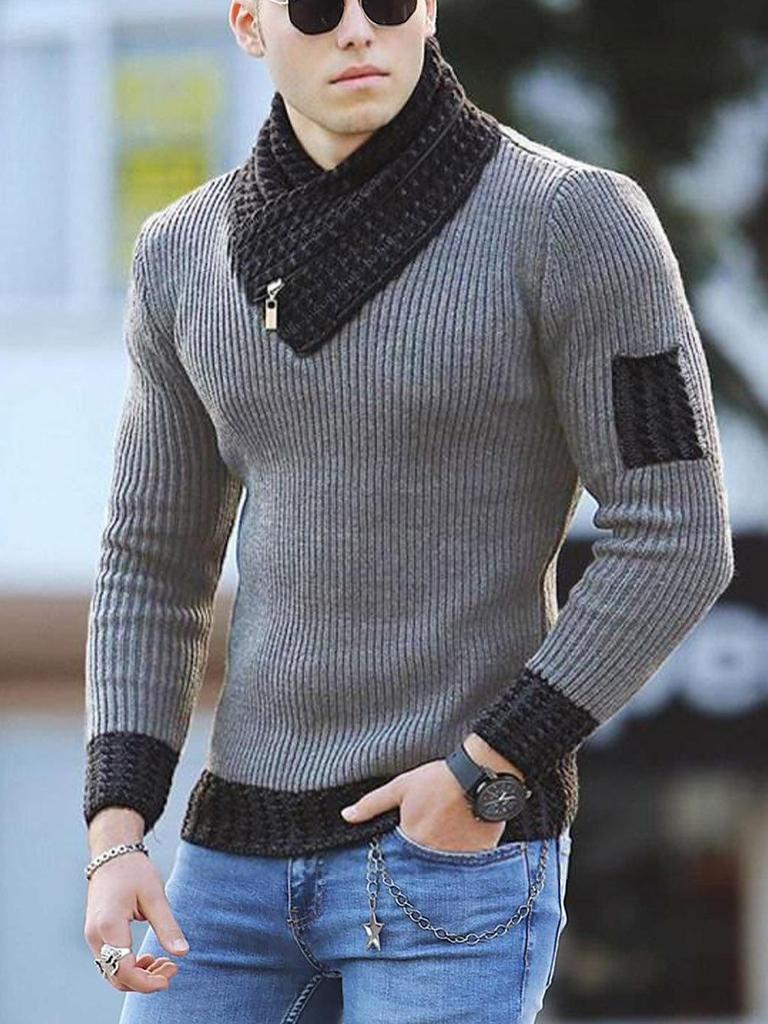 Herren Slim-fit Patchwork Strickpullover mit Schalkragen (Modell 2025)