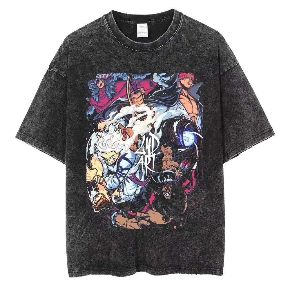 Nika Luffy Gear 5 ONE PIECE Anime Harajuku Retro Washed T-shirt Cotton Men Streetwear Oversized Women Short Sleeves