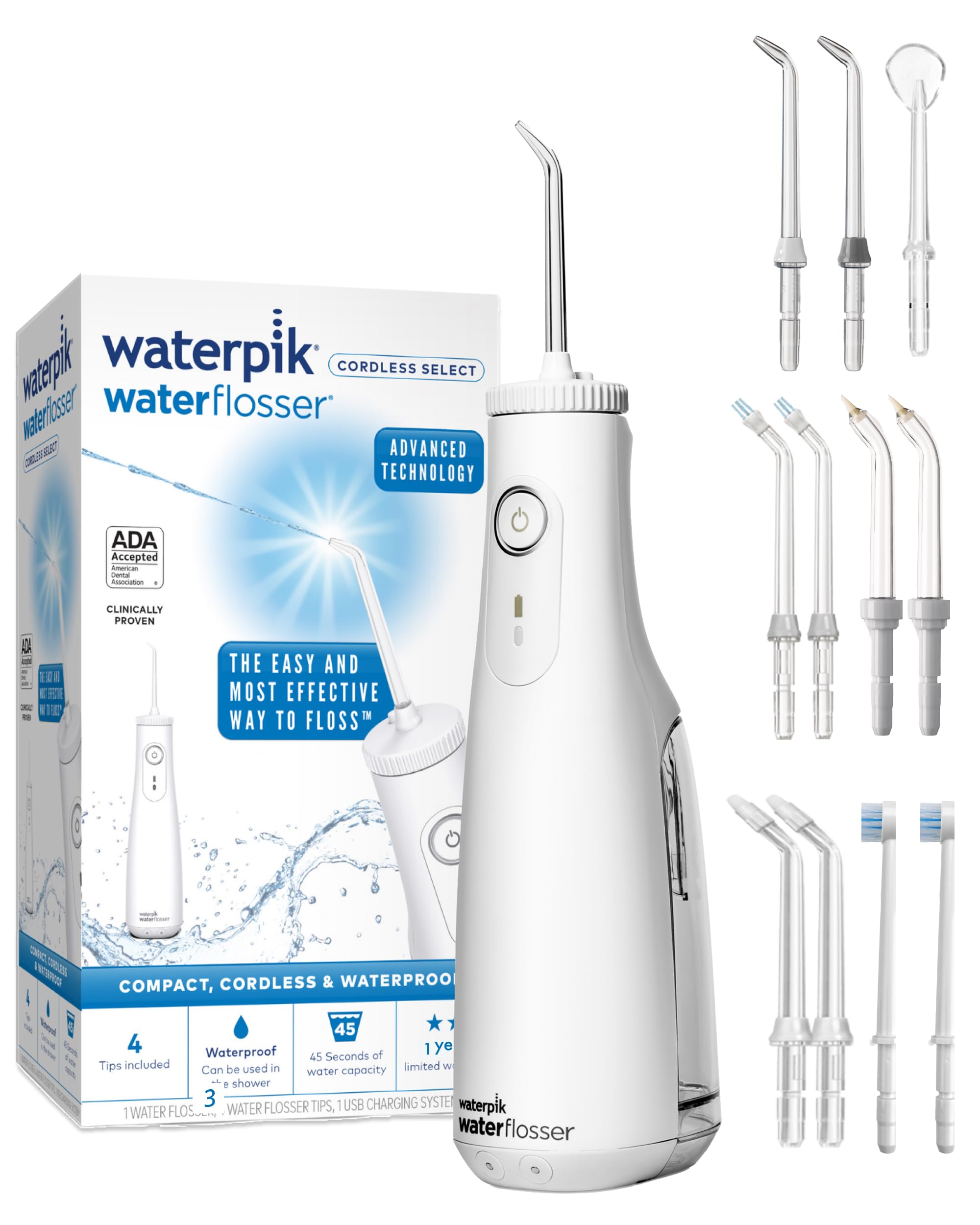 

Waterpik Cordless Select 200мл Водонепроницаемый Ирригатор для Полости Рта Струйная Мойка Водная Нить Набор Насадок для Зубной Щетки WF-10 + белый