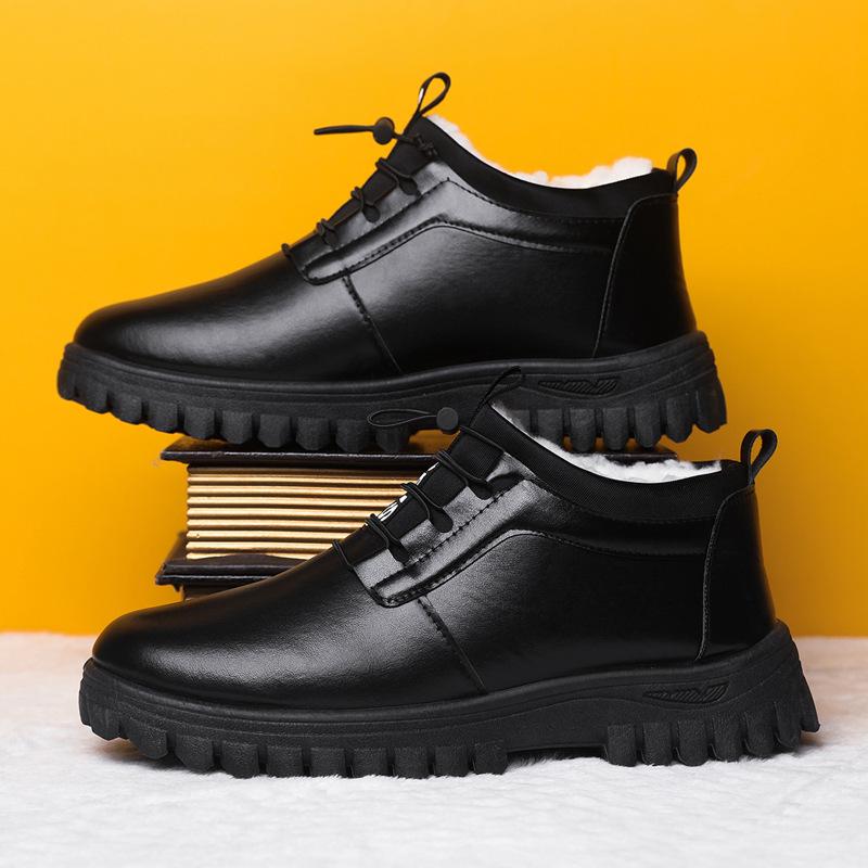 Men's Trendy Plush-Lined Winter Lace-up Snow Boots - Warm, Stylish British Style Leather Shoes