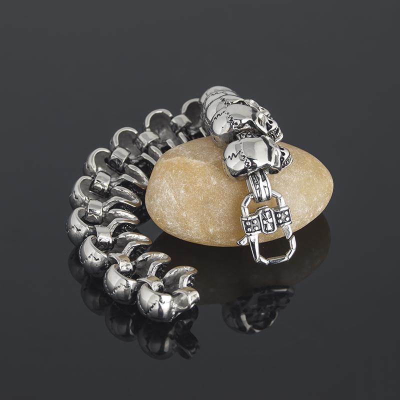 Bracelet gothique massif en acier inoxydable pour hommes, chaîne liée à tête de crâne, avec fermoir à homard, bijoux squelette de 8.27 pouces