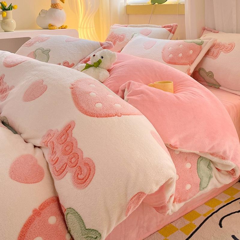 Snowflake Fleece Four-Piece Set, Thickened Milk Coral Fleece Quilt Cover, Double-Sided Fleece Quilt Cover, Bed Sheet, Bed Hat Three-Piece Set