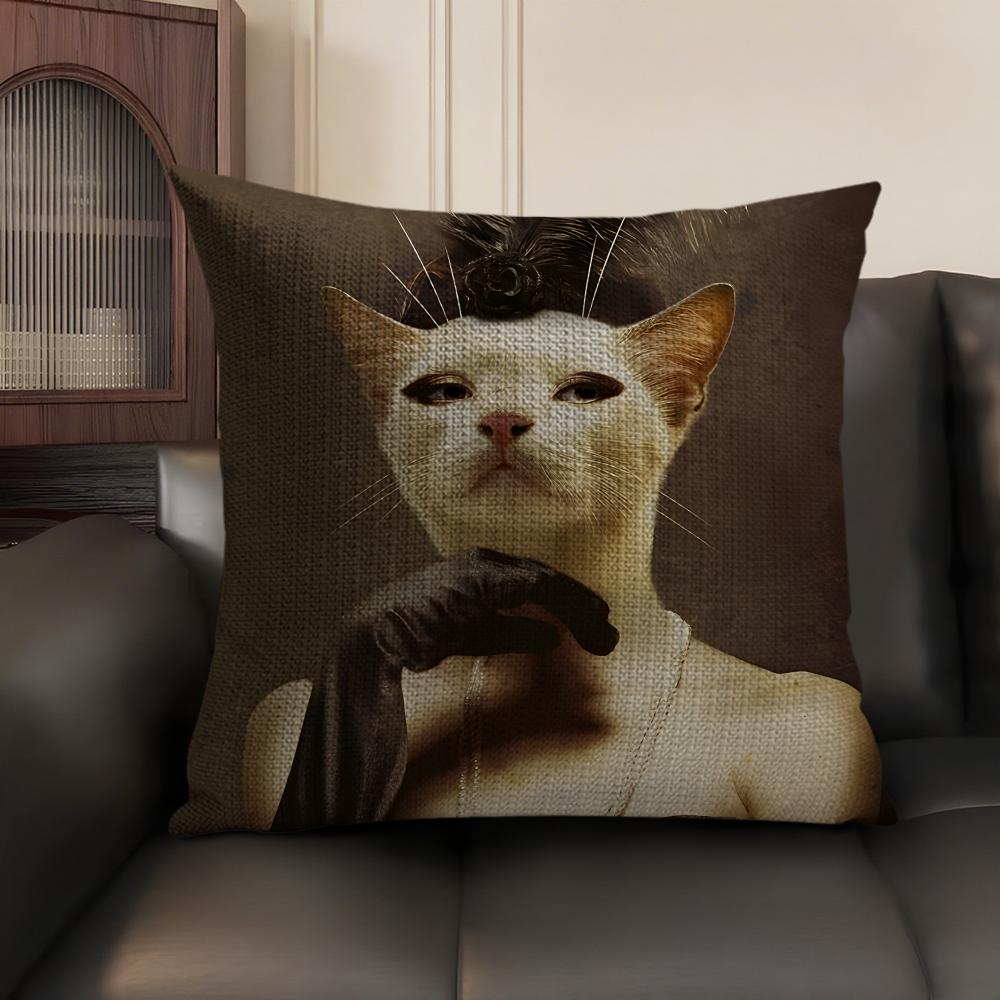 Renaissance Royal Cat Cushion Cover Natural Linen Organic Fabric DoubleSided Printing Sofa Home Decor Gift Pillow Case
