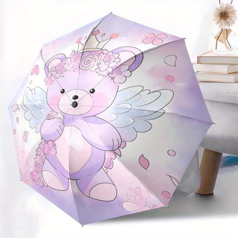 1pc Purple Bear Pattern Automatic 3-Fold Umbrella, 8 Iron Frames, High-Value Folding Umbrella, Suitable for Office, Travel and Outdoor Adventure.G086