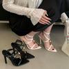 Color Matching Super High Heels New Pointed Open-toed Lucky Stone Beaded Strap One-word Strap Stiletto Sandals