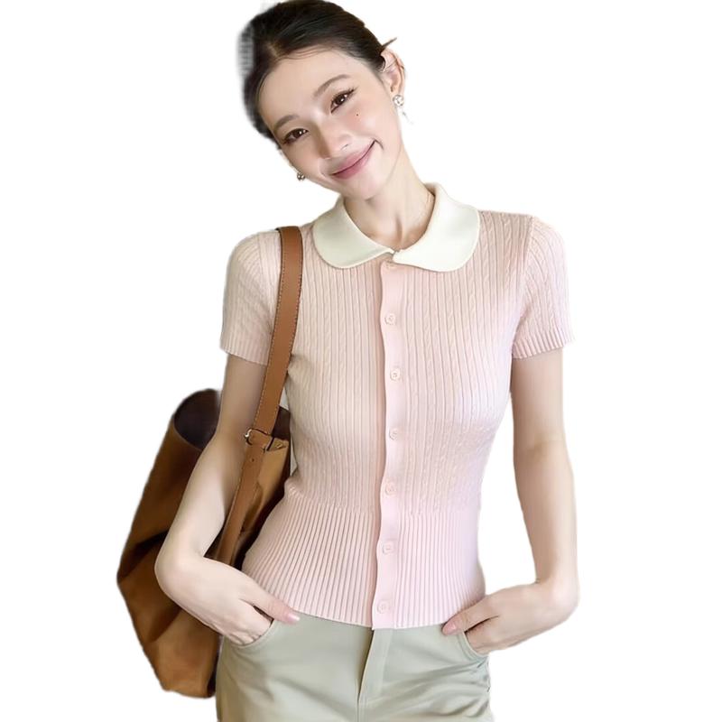 La Chapelle Women s Elegant Polo Knit Short Sleeve Top L