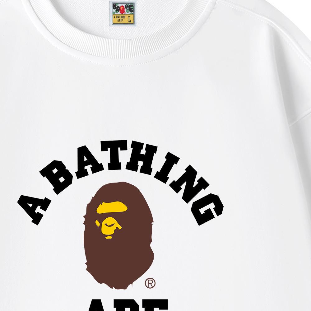 BAPE Spring/Autumn Pure Cotton Terry Men's Sweatshirt - Round Neck, Letter Print, Loose Fit, Unisex, Trendy Monkey Head Design