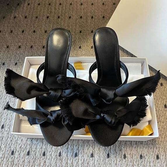 Bow Flat-bottomed Cool Slippers Women's New One-word Open-toed High-heeled Slippers