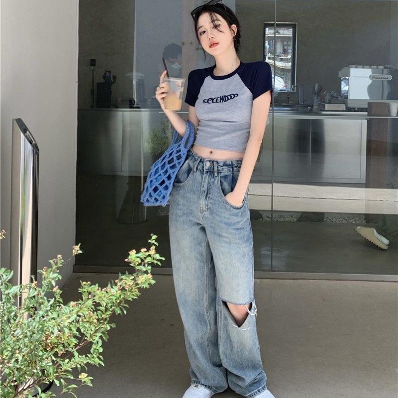 Women Spring Summer Splicing Color Short Sleeved T-shirt O-Neck Tight Blouses Pullover Slim Short Top S-XXL