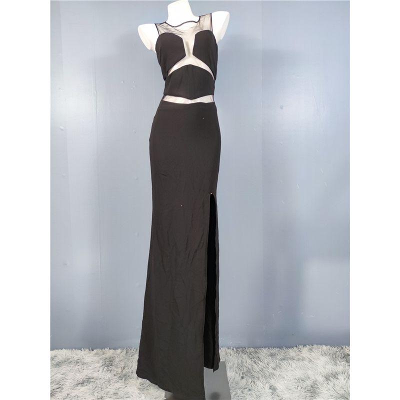

French Style Romantic Mesh See-through Patchwork round Neck Backless Slit Long Leg Dress Party Evening Black Dress Black L(44)