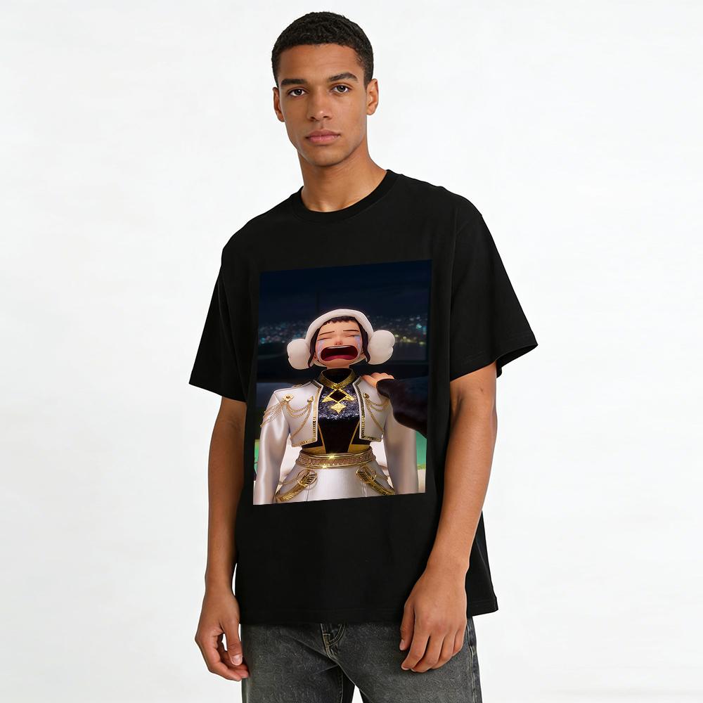 Anime Style Crying Character Print Casual Top Trendy Loose Fit Unisex Daily Wear Shirt Pure Cotton T-shirt
