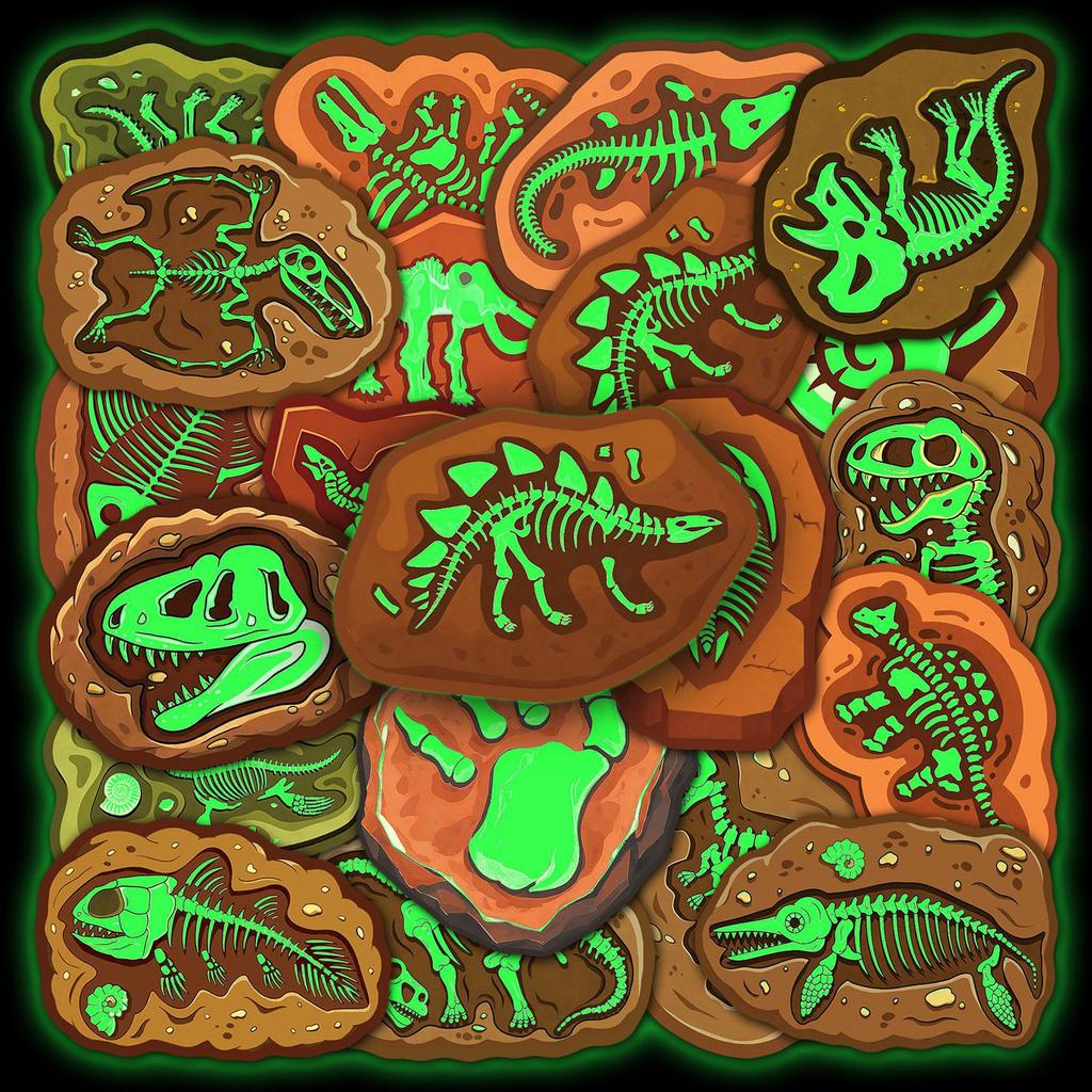 20 Luminous Dinosaur Fossil Glow-in-the-Dark Stickers: Retro Ammonite, Ancient Skeletons, Waterproof Decorative Journal Set