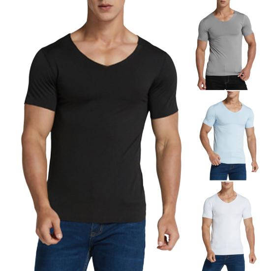 Męska letnia koszulka Jednolity kolor Bez szwu lodowy jedwab V Neck Krótkie rękawy Miękki, oddychający sweter Sport Business Casual Męski top biurowy