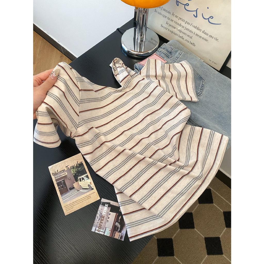 Korean Striped Slanted Shoulder Short-sleeved T-shirt Women's Thin Summer New Design Is Unique and Beautiful, and the Small Top Is Trendy.
