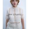 Women's Stand Collar Crocheted Detail Short Sleeve Shirt 2731043 Crocheted All-Matching Comfortable Skirt 2731044