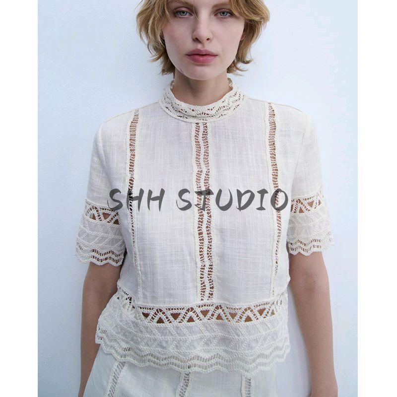 Women's Stand Collar Crocheted Detail Short Sleeve Shirt 2731043 Crocheted All-Matching Comfortable Skirt 2731044