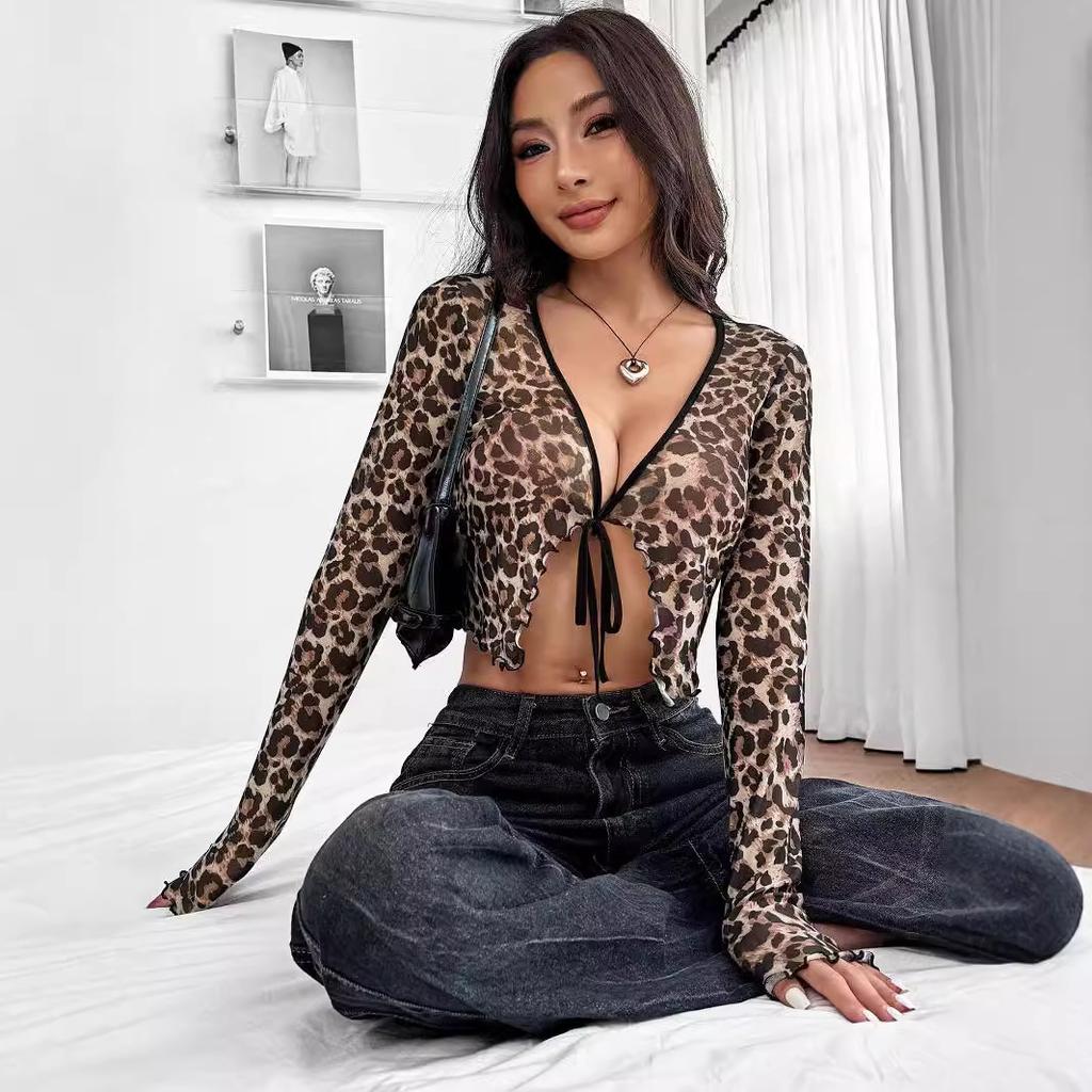 Spring Summer Women's Sheer Mesh Leopard Print Front Tie Long Sleeve Top Fashion Daily Basic Office Lady Casual Slim Fit Ladies Elegant Top