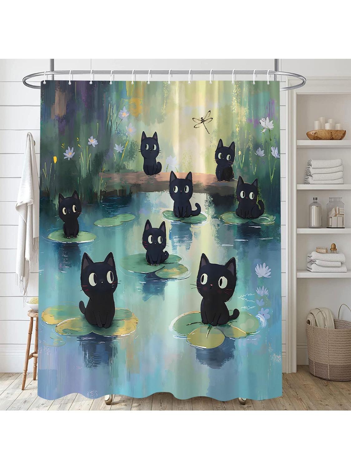 

Funny Black Cat Shower Curtain Abstract Kitty Lovely Interesting Cute Pet Oil Painting Bathroom Decor Curtain With Hooks, W60H190(CM)-1 Pcs