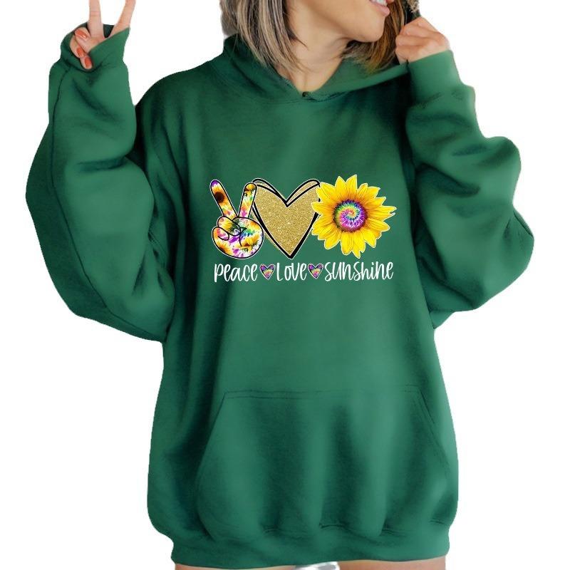 Autumn And Winter Peace Love Sunshine Letter Pattern Printing Back Collar Velvet Hooded Sweater Women