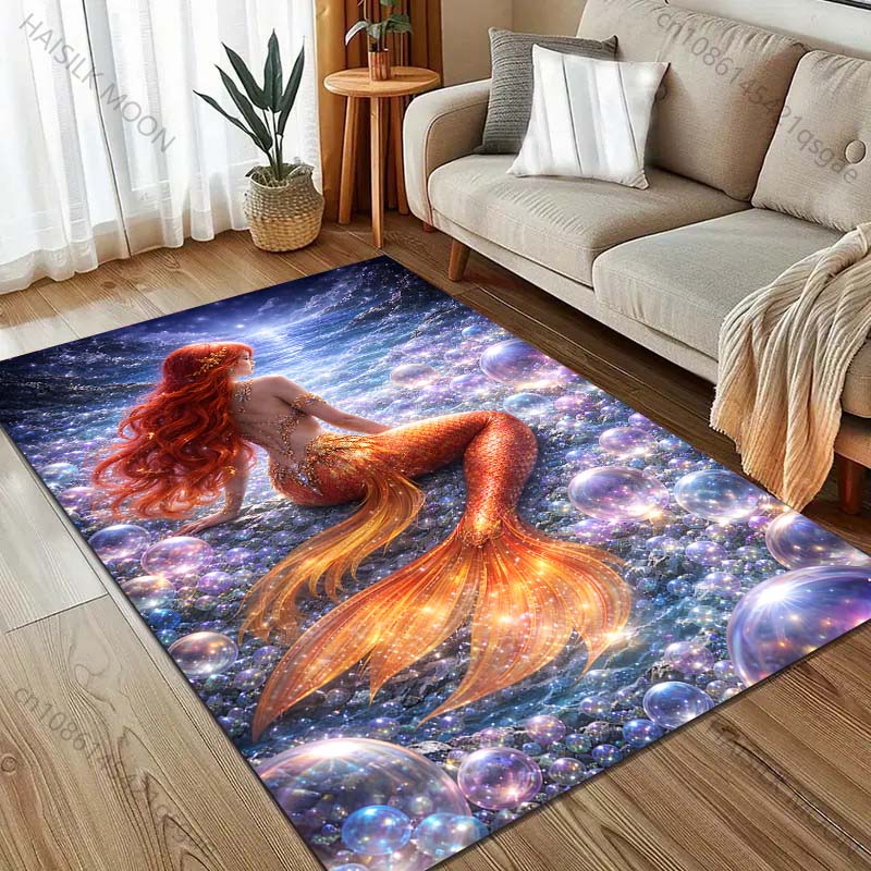 Multiple sizes Mermaid serene seascape Carpet for Living Room Bedroom Sofa Home Decor Rus Non-slip Floor Mat Luxury Gift