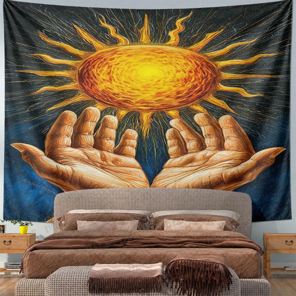 "Hands Holding Radiant Sun" Pattern Wall Hanging Tapestry Decorative Tapestry Home Decor for Bedroom and Living Room