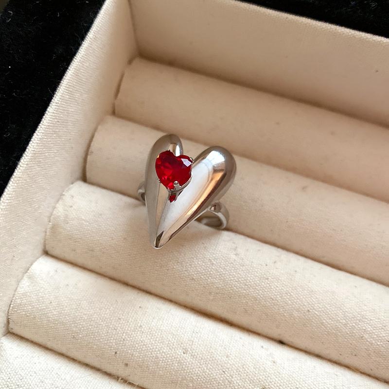 Red Zircon Smooth Heart-Shaped Open Ring Simple  Finger Rings Jewelry For Women