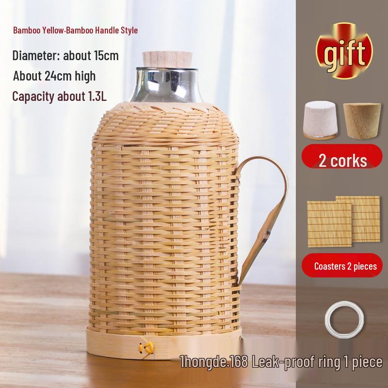 

Bamboo Weaving Hot Water Bottle Thermos - Traditional Chinese Style, Retro Design, Glass Liner, Large Capacity, Keeps Warm.
