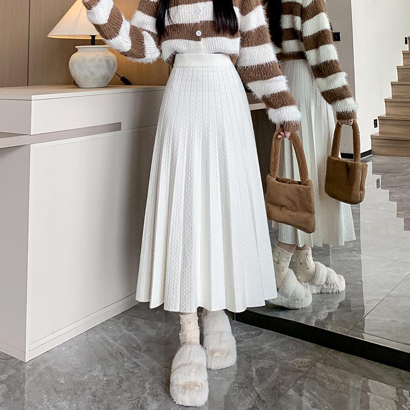 

Осенне-зимняя однотонная вязаная юбка-полусолнце для женщин, эластичная талия, универсальная А-силуэтная юбка S