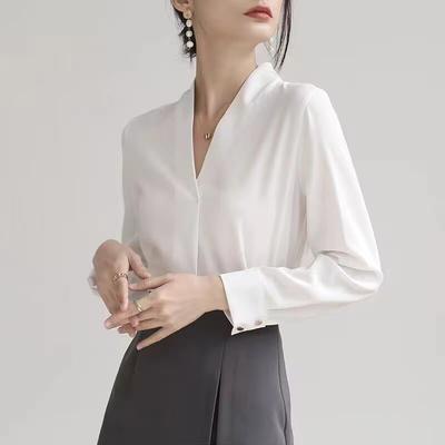 V-Neck White Shirt Women's Top Spring and Autumn V-Neck Professional Long Sleeved Shirt