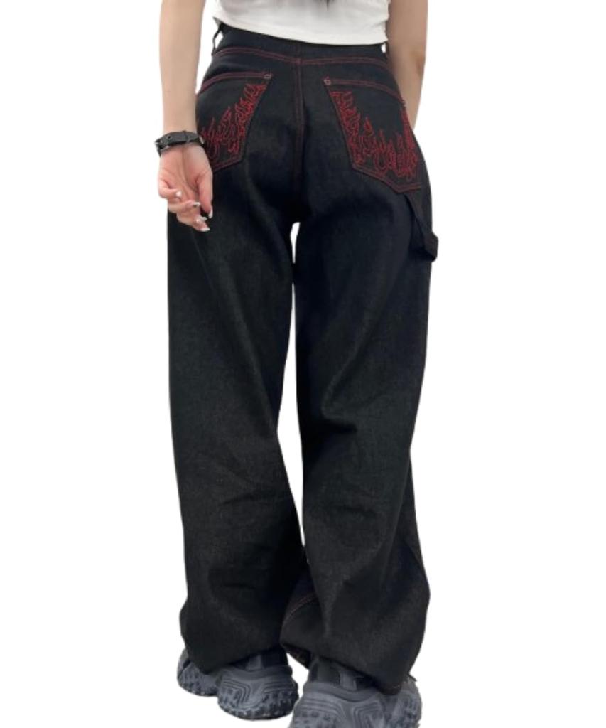 WEGO Figments Flame Stitch Pocket Denim Jeans Korean Size Black Pants, Bottoms, Streetwear, Style, Summer, Fall, Winter, Women's, M,