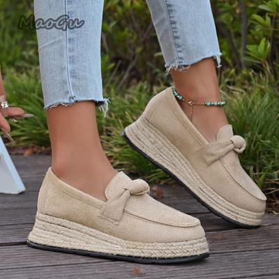 Rope Sole Wedges Espadrilles 2026 Autumn New Suede Plus Size 36-43 Platform Loafers Women's Casual Comfortable Slip On Shoes