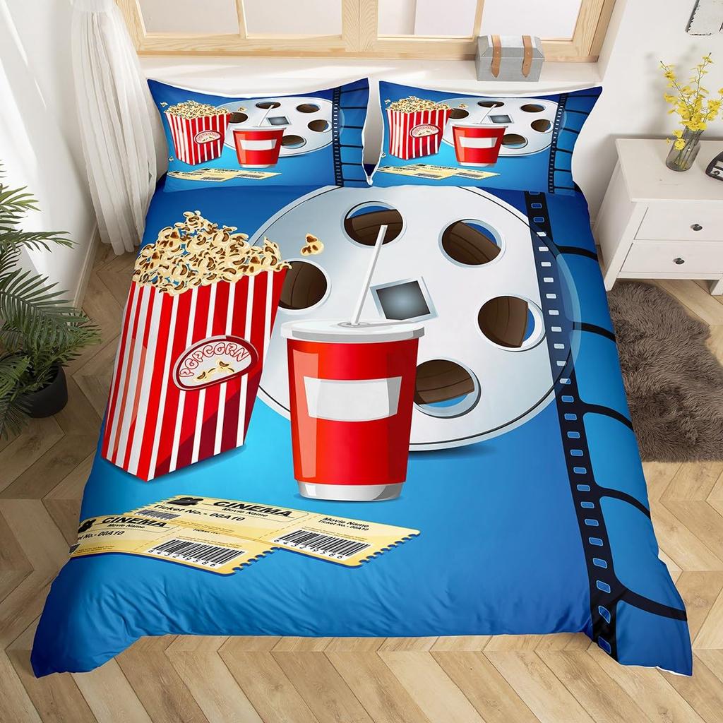 Movie Theme Duvet Cover Movie Theater Decor Bedding Set Full King Vintage Cinema Ticket Clapboard Popcorn Print Comforter Cover