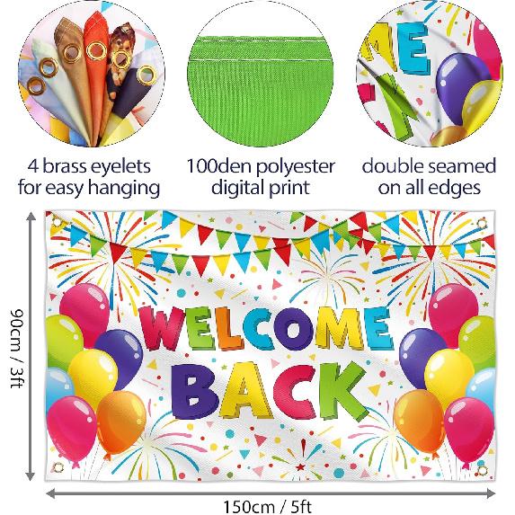 Welcome Back Banner - 5x3 ft - Welcome Home Decorations - Homecoming, Reunion, Baby Shower - White 100Den Polyester