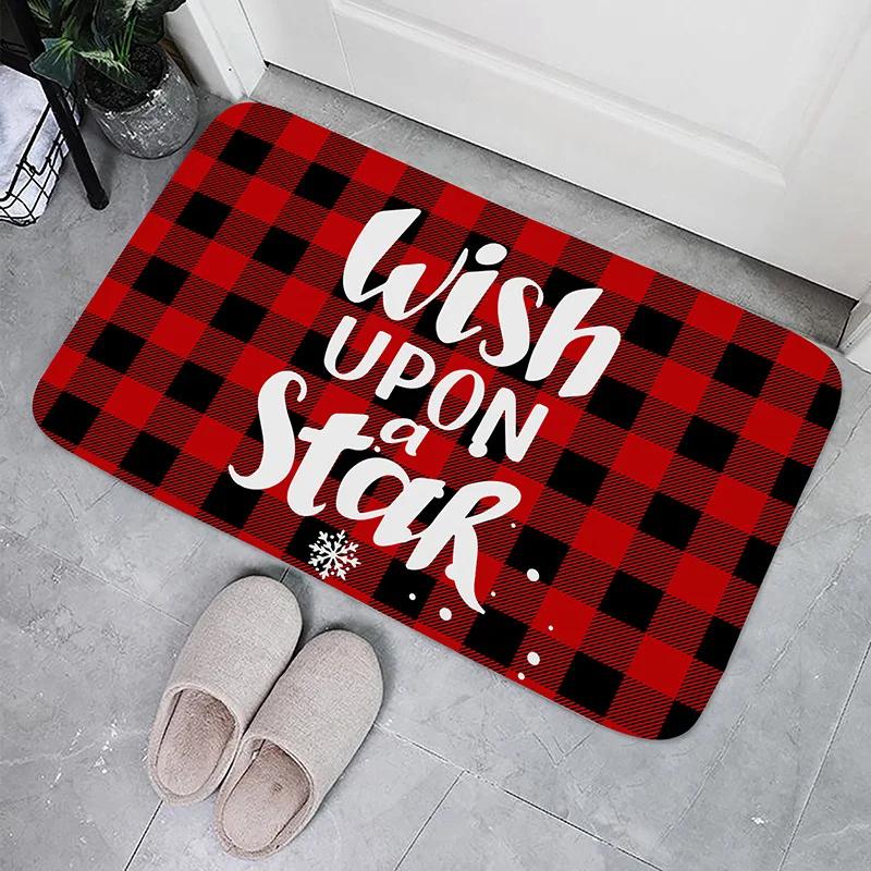 Christmas Buffalo Plaid Check Floor Mat Decorations Winter Xmas Front Door Mat Bathroom Non-Slip Foot Pad Christmas Decorations