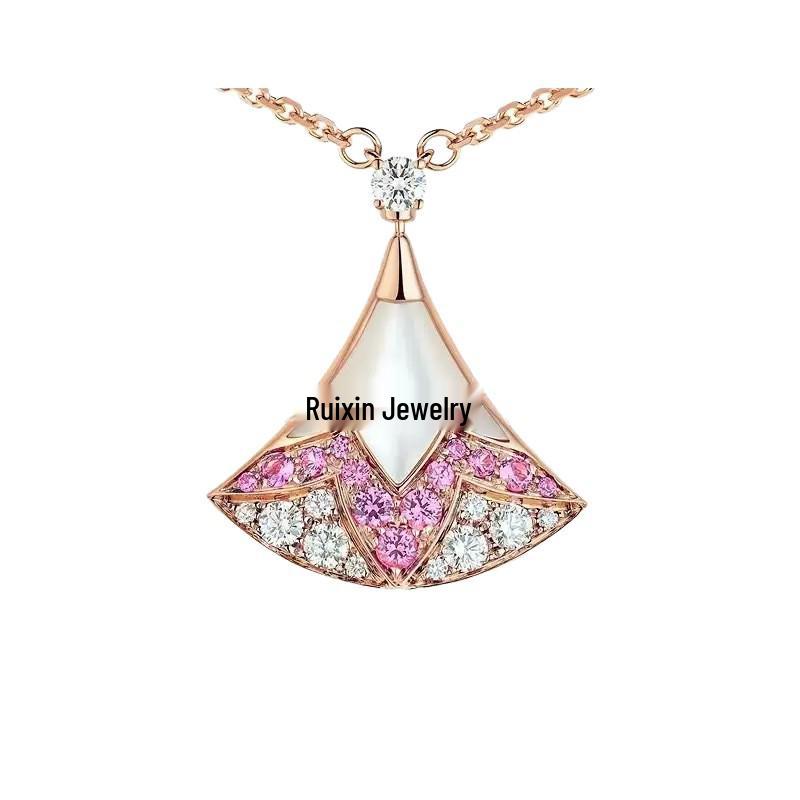 Qixi Gradient Pink Diamond Necklace: Women's Natural Mother-of-Pearl, 18k Rose Gold-Plated Pendant, Clavicle Chain