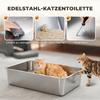 Lettiera per Gatti XXL in Acciaio Inossidabile 130L con Coperchio Pieghevole a 180 gradi, Pareti Laterali Alte, Paletta, Gradino, 70x50x43cm, Grigio