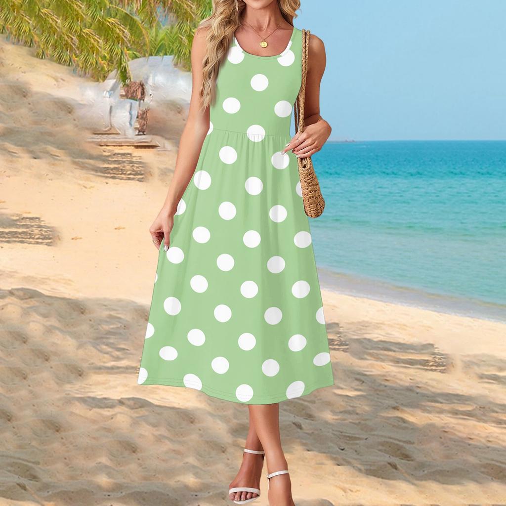 Women's Polka Dot Print Short Sleeve Midi Dress with Pockets for Beach Vacation and Casual Summer Wear