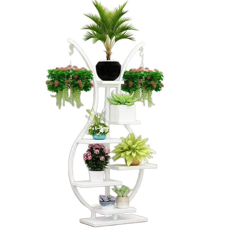 Multi-Layer Indoor Balcony Flower Stand, Wrought Iron Round Table Display Shelf for Hanging Pothos and Orchids.